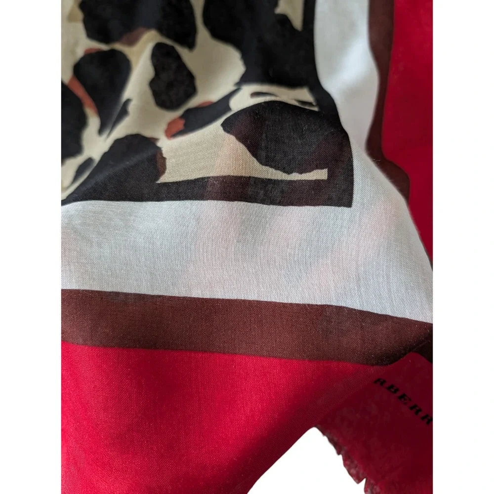 Burberry Leopard Cheetah Animal Print Red Silk Blend Scarf Italy Fringe Large
